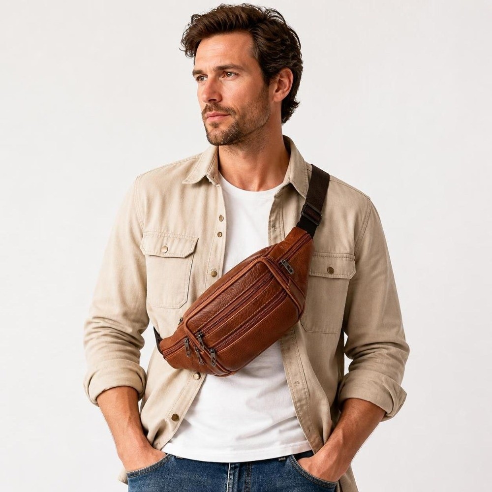 Luxury Bags Leather - กระเป๋าคาดเอวหนังหรูหรา มีช่องใส่ของหลายช่อง ดีไซน์ห่วงเข็มขัด สายปรับได้ สะพายข้างได้ สำหรับผู้ชาย