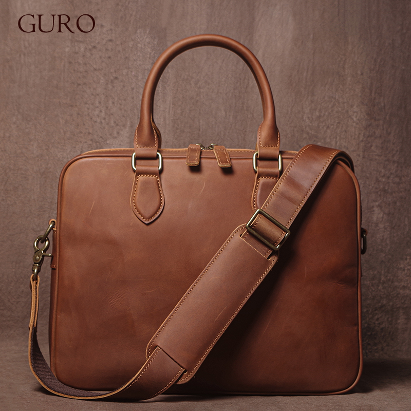 Luxury Bags Tote - GURO Men Crazy Horse Cowhide กระเป๋าเอกสารหนังแท้กระเป๋าถือน้ําหนักเบากระเป๋าสะพายแฟ้มแล็ปท็อปกระเป๋า